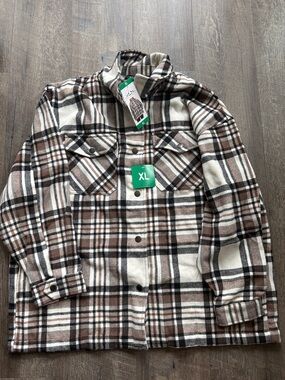 Plaid Button-Up Shacket in Cream, Brown & Black